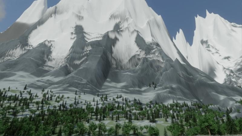 一枚絵で描いた雪をかぶった岩山と針葉樹の森