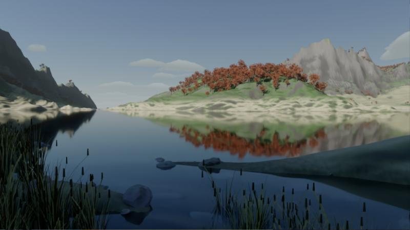 葦の生えた湖岸の一枚絵